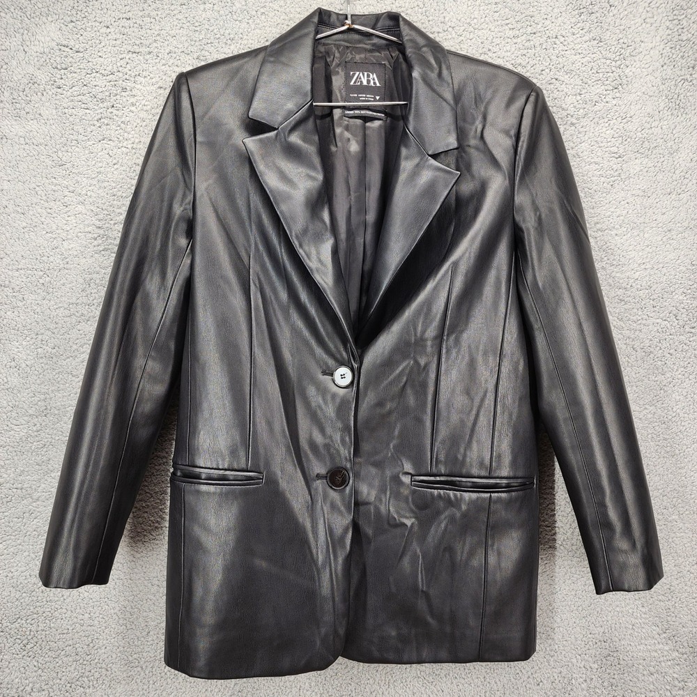 Zara Black Faux Leather Blazer Jacket XS Womens Long Sleeve Business‎ Casual